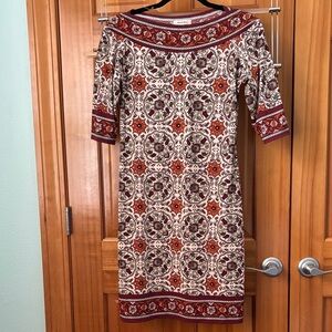 Max Studio Rust and Cream Mid Sleeve Dress